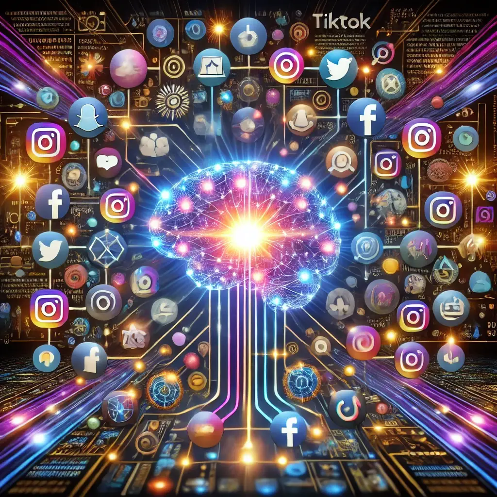 DALL·E 2025 01 22 15.24.15 An AI powered digital interface visualising the impact of artificial intelligence on social media. The image shows interconnected icons representing v