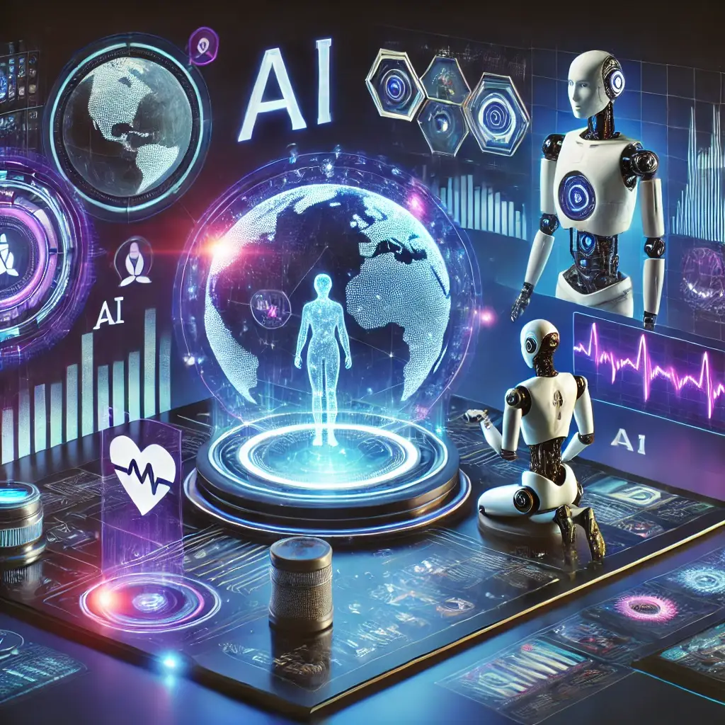 DALL·E 2025 02 04 15.46.22 A futuristic digital landscape showcasing AI advancements. The scene features a high tech AI control center with glowing holographic interfaces displa