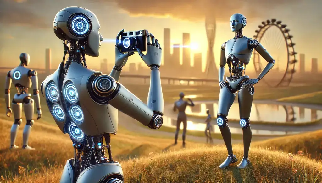 How AI is Transforming Photography: The Future of Visual Art 1 DALL·E 2025 02 04 22.30.11 A photorealistic image of a humanoid robot taking a picture of another robot in an outdoor setting. The humanoid robot holds a futuristic camera with