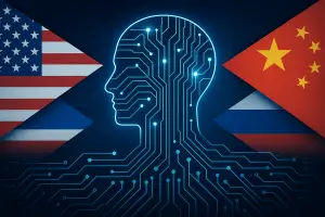 Digital representation of AI arms race between global superpowers, with flags and circuits intertwining