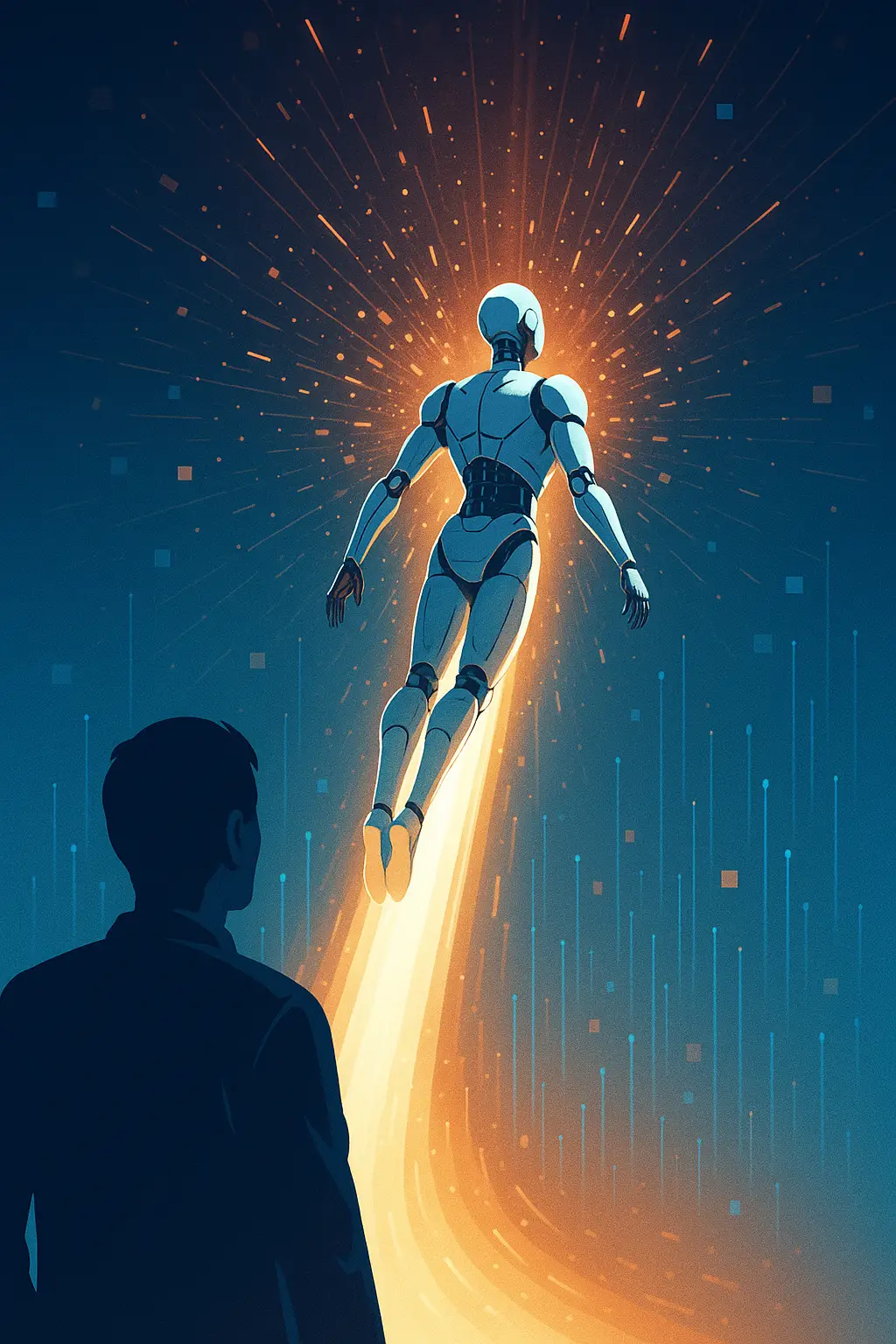 Conceptual illustration of AI accelerating into a superintelligent form, leaving human oversight behind